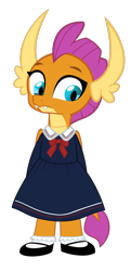 Size: 400x824 | Tagged: safe, artist:queencold, derpibooru import, smolder, dragon, clothes, dragoness, dress, female, mary janes, school uniform, schoolgirl, shoes, simple background, socks, solo, transparent background