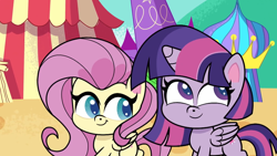 Size: 1920x1080 | Tagged: safe, derpibooru import, screencap, fluttershy, twilight sparkle, twilight sparkle (alicorn), alicorn, pegasus, pony, lolly-pop, my little pony: pony life, spoiler:pony life s02e19, duo, duo female, female, folded wings, mare, walking, wings