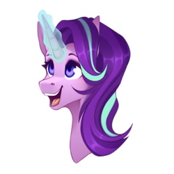 Size: 1200x1200 | Tagged: safe, artist:buvanybu, derpibooru import, starlight glimmer, pony, unicorn, bust, cute, female, glimmerbetes, magic, magic aura, mare, open mouth, open smile, purple eyes, reformed starlight, simple background, smiling, solo, white background