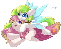 Size: 2500x2000 | Tagged: artist needed, source needed, safe, derpibooru import, oc, oc only, oc:tea fairy, pony, colored wings, eye clipping through hair, female, mare, multicolored wings, one eye closed, open mouth, open smile, simple background, smiling, transparent background, underhoof, wings