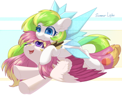 Size: 2500x2000 | Tagged: artist needed, source needed, safe, alternate version, derpibooru import, oc, oc only, oc:tea fairy, pony, colored wings, eye clipping through hair, female, mare, multicolored wings, one eye closed, open mouth, open smile, simple background, smiling, underhoof, wings