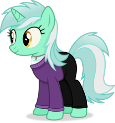 Size: 3755x4044 | Tagged: safe, artist:anime-equestria, derpibooru import, lyra heartstrings, pony, unicorn, clothes, female, full body, happy, high res, horn, jewelry, mare, necklace, pants, shadow, simple background, smiling, solo, standing, sweater, tail, transparent background, two toned mane, two toned tail, vector