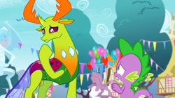 Size: 1280x720 | Tagged: safe, derpibooru import, screencap, princess ember, spike, thorax, changedling, changeling, dragon, season 7, triple threat, female, king thorax, male, raised hoof, raised leg, statue