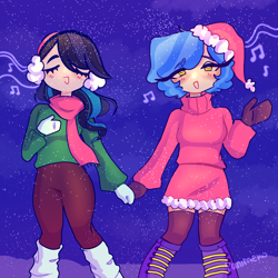 Size: 1280x1280 | Tagged: safe, artist:panimeko, derpibooru import, coloratura, sapphire shores, human, blushing, boots, caroling, christmas, clothes, cute, duo, earmuffs, eyes closed, female, gloves, hat, holiday, humanized, music notes, night, rara, santa hat, scarf, shoes, singing, snow, socks, stockings, sweater, thigh highs, winter