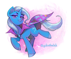 Size: 2100x1743 | Tagged: safe, artist:galacticdidi, derpibooru import, trixie, pony, unicorn, cape, clothes, eyebrows, eyelashes, female, horn, lidded eyes, looking at you, mare, pink background, simple background, smiling, smiling at you, smirk, smug, solo, sparkles, trixie's cape, unshorn fetlocks