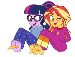 Size: 7600x5760 | Tagged: safe, artist:emeraldblast63, derpibooru import, sci-twi, sunset shimmer, twilight sparkle, equestria girls, arm behind back, barefoot, blushing, clothes, duo, feather, feet, fetish, one eye closed, open mouth, open smile, pajamas, simple background, smiling, tickle fetish, tickling, transparent background