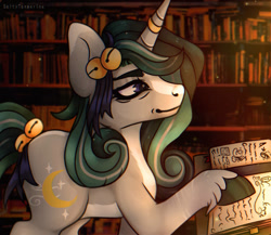 Size: 960x833 | Tagged: safe, artist:saltytangerine, derpibooru import, oc, unicorn, bells, book, bookshelf, bow, green hair, horn, horn ring, library, next generation, parent:clover the clever, parent:star swirl the bearded, purple eyes, reading, ring, tail, tail bow, unicorn oc