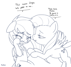 Size: 1376x1295 | Tagged: safe, artist:hyakuen, derpibooru import, part of a series, part of a set, fluttershy, rainbow dash, pegasus, pony, series:my medium ungulate, them's fightin' herds, comforting, community related, crossover, crying, dialogue, eyebrows, eyebrows visible through hair, holding hooves, implied tianhuo, monochrome, sad, simple background, white background