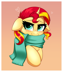 Size: 3353x3843 | Tagged: safe, artist:confetticakez, derpibooru import, sunset shimmer, pony, unicorn, blushing, clothes, cute, ears, female, floppy ears, happy, looking at you, mare, scarf, shimmerbetes, smiling, solo, weapons-grade cute