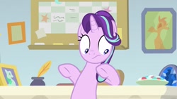 Size: 1280x720 | Tagged: safe, derpibooru import, screencap, starlight glimmer, pony, unicorn, a horse shoe-in, bipedal, bipedal leaning, female, geode, inkwell, leaning, quill, solo, starlight's office