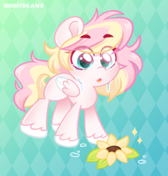 Size: 1943x2036 | Tagged: safe, artist:ninnydraws, derpibooru import, oc, oc only, oc:ninny, pegasus, blank flank, blushing, crying, eyebrows, female, filly, flower, foal, solo