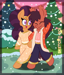 Size: 3400x4000 | Tagged: safe, artist:snakeythingy, derpibooru import, saffron masala, oc, oc:sketchy dupe, anthro, semi-anthro, unguligrade anthro, arm hooves, canon x oc, christmas, hearth's warming eve, holiday, story included