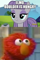 Size: 500x751 | Tagged: safe, derpibooru import, edit, edited screencap, screencap, boulder (pet), maud pie, pony, rock solid friendship, angry, caption, crossover, dialogue, discovery family, discovery family logo, elmo, image macro, logo, meme, sesame street, text, triggered