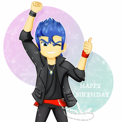 Size: 1600x1600 | Tagged: safe, artist:jucamovi1992, derpibooru import, flash sentry, equestria girls, clothes, happy birthday, jewelry, male, necklace, one eye closed, smiling, vincent tong, wink