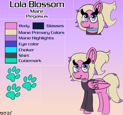 Size: 3136x2941 | Tagged: safe, artist:twilysparky, derpibooru import, oc, oc:lola blossom, pegasus, pony, bust, choker, cutie mark, glasses, portrait, reference sheet, solo