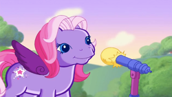 Size: 2204x1242 | Tagged: safe, derpibooru import, screencap, starsong, pegasus, pony, g3, cute, female, looking at you, mare, meet the ponies, microphone, microphone stand, outdoors, purple wings, smiling, smiling at you, solo, starsawwwng, starsong's dance & sing party, that pony sure does love to sing, wings