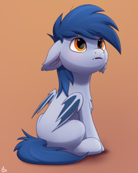 Size: 1600x2000 | Tagged: safe, artist:luminousdazzle, derpibooru import, oc, oc only, oc:speck daelyn, bat pony, chest fluff, colt, ears, floppy ears, foal, looking up, male, simple background, sitting, solo, younger