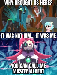 Size: 1024x1344 | Tagged: safe, derpibooru import, edit, edited screencap, screencap, cozy glow, lord tirek, queen chrysalis, centaur, changeling, pegasus, pony, robot, the beginning of the end, caption, crossover, image macro, master albert, megaman, megaman zx, megaman zx advent, reploid, text