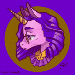 Size: 1894x1894 | Tagged: safe, artist:stellarbyte, derpibooru import, oc, pony, unicorn, avatar, bust, clothes, collar, curly hair, cute, eyebrows, glasses, golden eyes, horn, pink coat, pouting, profile, purple background, purple hair, purple mane, simple background, solo, unicorn horn