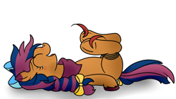 Size: 1280x720 | Tagged: safe, artist:thebrony700, derpibooru import, oc, oc only, oc:solar comet, earth pony, pony, blank flank, clothes, crying, earth pony oc, eyes closed, feather, fetish, hoof fetish, hoof tickling, laughing, lying down, male, on back, open mouth, open smile, ribbon, rope, scarf, shadow, simple background, smiling, solo, tears of joy, tickle fetish, tickling, tied up, white background