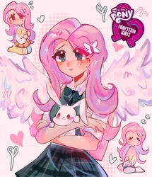 Size: 1080x1255 | Tagged: safe, artist:error_707lol, derpibooru import, angel bunny, fluttershy, rabbit, equestria girls, animal, blushing, bow, butterfly hairpin, clothes, eye clipping through hair, female, heart, human coloration, skirt