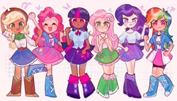 Size: 3246x1859 | Tagged: safe, artist:error_707lol, derpibooru import, applejack, fluttershy, pinkie pie, rainbow dash, rarity, twilight sparkle, equestria girls, clothes, dark skin, female, human coloration, humane five, humane six, looking at you, open mouth, open smile, skirt, smiling, sweat