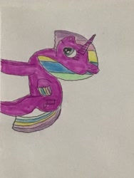 Size: 2448x3264 | Tagged: safe, artist:vorachist22, derpibooru import, oc, oc:rainbow glow, alicorn, pony, 2022 community collab, alicorn oc, derpibooru community collaboration, female, horn, mare, sideways image, traditional art, wings