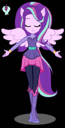 Size: 528x1028 | Tagged: safe, artist:velvetglimmer, derpibooru import, oc, oc only, oc:velvetglimmer, equestria girls, black background, boots, eyes closed, female, high heel boots, not starlight glimmer, ponied up, shoes, simple background, smiling, solo, spread wings, wings