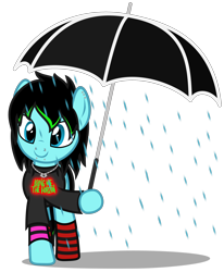 Size: 3064x3712 | Tagged: safe, artist:strategypony, derpibooru import, oc, oc only, oc:scene chick, earth pony, pony, black mane, bring me the horizon, clothes, ear piercing, emo, female, jewelry, mare, necklace, piercing, rain, simple background, smiling, socks, solo, striped socks, that's the spirit, transparent background, umbrella