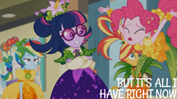 Size: 1280x720 | Tagged: safe, derpibooru import, edit, edited screencap, editor:quoterific, screencap, pinkie pie, rainbow dash, sci-twi, sunset shimmer, twilight sparkle, better together, equestria girls, holidays unwrapped, cornucopia costumes, crossed arms, eyes closed, female, o come all ye squashful, open mouth