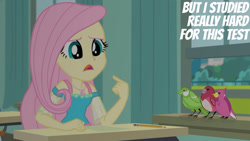 Size: 1280x720 | Tagged: safe, derpibooru import, edit, edited screencap, editor:quoterific, screencap, fluttershy, bird, a little birdie told me, better together, equestria girls, female, geode of fauna, jewelry, magical geodes, necklace, open mouth, pencil, pointing at self