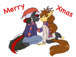 Size: 3076x2330 | Tagged: safe, artist:rensakai, derpibooru import, oc, oc:scarlet spray, oc:soaring heart, anthro, earth pony, pegasus, christmas, clothes, holiday, scarf, sweater