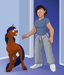 Size: 846x1000 | Tagged: safe, artist:foxenawolf, derpibooru import, oc, oc:phillip martine, oc:rosa martine, human, pony, unicorn, fanfic:off the mark, breasts, clothes, female, male, ponified, stallion