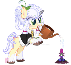 Size: 900x825 | Tagged: safe, artist:khimi-chan, derpibooru import, oc, oc only, pony, unicorn, clothes, deviantart watermark, ear piercing, flower, horn, obtrusive watermark, open mouth, piercing, simple background, solo, transparent background, unicorn oc, unshorn fetlocks, watering can, watermark