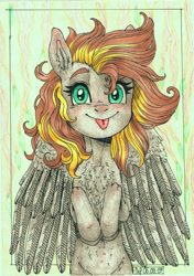 Size: 1789x2539 | Tagged: safe, artist:porcelanowyokular, derpibooru import, oc, oc only, oc:golden rain, pegasus, pony, :p, bust, eyelashes, female, pegasus oc, tongue, tongue out