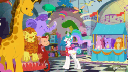 Size: 640x360 | Tagged: safe, derpibooru import, screencap, princess celestia, alicorn, pony, between dark and dawn, season 9, animated, clothes, cute, cutelestia, excited, eyes closed, female, gif, gifs.com, grin, happy, magic, mare, open mouth, open smile, plushie, ponytail, shirt, smiling, solo, telekinesis