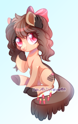 Size: 500x795 | Tagged: safe, artist:cabbage-arts, derpibooru import, oc, oc only, oc:choco cake, earth pony, pony, bow, commission, commissioner:chococakebabe, earth pony oc, female, gradient background, hair bow, solo