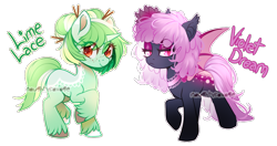 Size: 1000x529 | Tagged: safe, artist:cabbage-arts, derpibooru import, oc, oc only, oc:lime lace, oc:violet dream, bat pony, pony, unicorn, bat pony oc, duo, female, freckles, horn, simple background, transparent background, unicorn oc