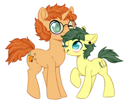 Size: 800x655 | Tagged: safe, artist:cabbage-arts, derpibooru import, oc, oc only, earth pony, pony, unicorn, blushing, commission, commissioner:ponygreens, duo, earth pony oc, freckles, glasses, horn, male, one eye closed, simple background, size difference, transparent background, unicorn oc