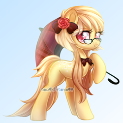 Size: 600x599 | Tagged: safe, artist:cabbage-arts, derpibooru import, parasol, oc, oc only, oc:creamy dream, earth pony, pony, bow, bowtie, commission, commissioner:khaosarts, earth pony oc, female, flower, flower in hair, glasses, gradient background, hair bow, solo