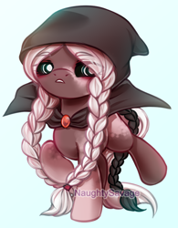 Size: 500x642 | Tagged: safe, artist:cabbage-arts, derpibooru import, oc, oc only, oc:whisper, earth pony, pony, black sclera, blue background, braided pigtails, clothes, commission, commissioner:kittyyprime, earth pony oc, female, simple background, solo