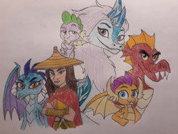 Size: 900x675 | Tagged: safe, artist:jebens1, derpibooru import, princess ember, smolder, spike, dragon, crossover, raya and the last dragon, sisu, traditional art