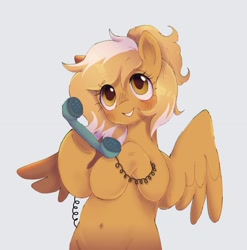 Size: 2193x2218 | Tagged: safe, artist:g4bby, derpibooru import, oc, oc only, oc:mareota, pegasus, pony, belly button, blushing, female, mare, simple background, smiling, solo, telephone, white background