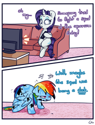 Size: 1424x1873 | Tagged: safe, artist:lou, derpibooru import, rainbow dash, rarity, pegasus, pony, unicorn, comic, dialogue, female, ink, mare, remote, shocked, sofa, vulgar, wet, wet mane