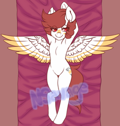 Size: 700x735 | Tagged: safe, artist:cabbage-arts, derpibooru import, oc, oc only, pegasus, pony, semi-anthro, arm behind head, female, looking at you, lying down, mare, on back, pegasus oc, smiling, smiling at you, solo, spread wings, watermark, wings