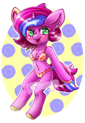 Size: 600x869 | Tagged: safe, artist:cabbage-arts, derpibooru import, oc, oc only, anthro, unguligrade anthro, unicorn, bikini, breasts, cleavage, clothes, female, horn, partial background, simple background, solo, swimsuit, transparent background, unicorn oc
