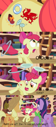 Size: 993x2236 | Tagged: safe, derpibooru import, edit, edited screencap, screencap, apple bloom, applejack, spike, twilight sparkle, unicorn twilight, dragon, earth pony, pony, unicorn, season 2, the cutie pox, butt, comic, cutie mark, cutie pox, dancing, female, filly, foal, golden oaks library, loop-de-hoop, male, mare, plate spinning, plot, sacrebloom, screencap comic, welsh, y ddraig goch