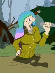 Size: 3024x4032 | Tagged: safe, artist:holdenwolfart, derpibooru import, princess celestia, human, female, flashlight (object), grin, hand on hip, humanized, looking at you, mud, smiling, solo, swamp