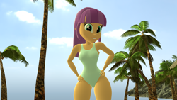 Size: 1920x1080 | Tagged: safe, artist:mr.uberrebu25, derpibooru import, ginger owlseye, equestria girls, 3d, beach, beach babe, breasts, busty ginger owlseye, clothes, hand on hip, one-piece swimsuit, palm tree, solo, swimsuit, tree