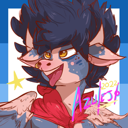 Size: 512x512 | Tagged: safe, alternate version, artist:azulejo, derpibooru import, oc, oc only, bull, pegasus, 2022, bandana, bovine, horn, long hair, male, nose piercing, piercing, profile picture, tongue, tongue out, wings